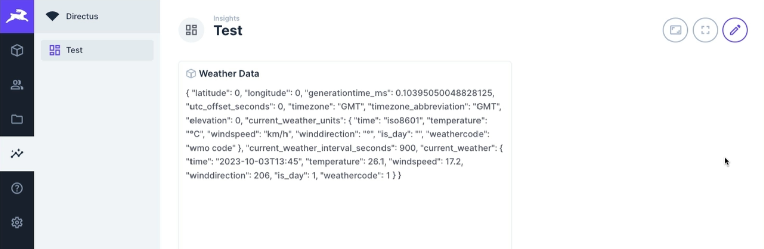 A panel showing a JSON payload of weather data