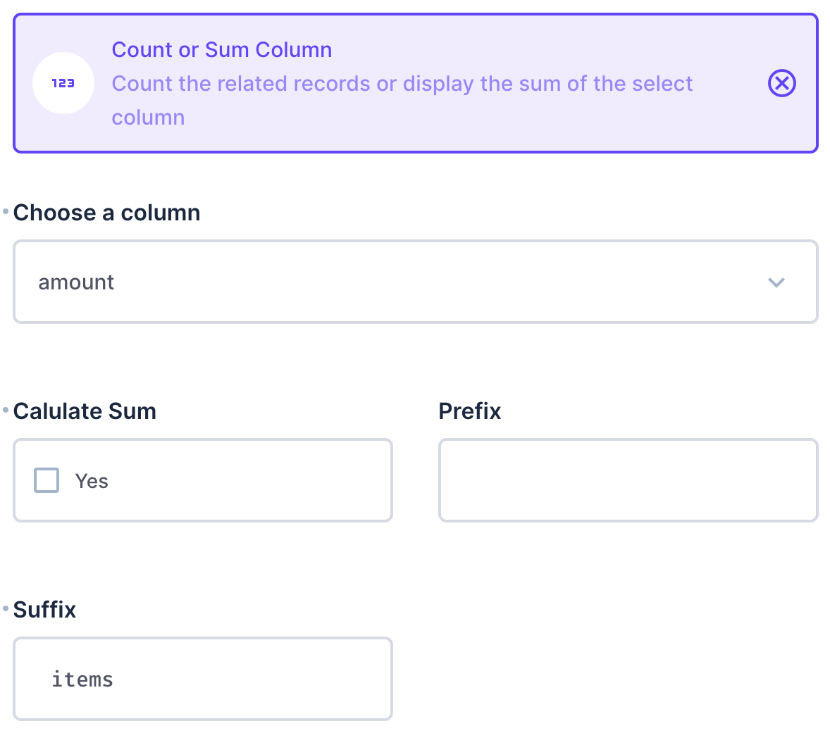 New display options showing a select field for column, a checkbox for calculate sum, and text fields for prefix and suffix.