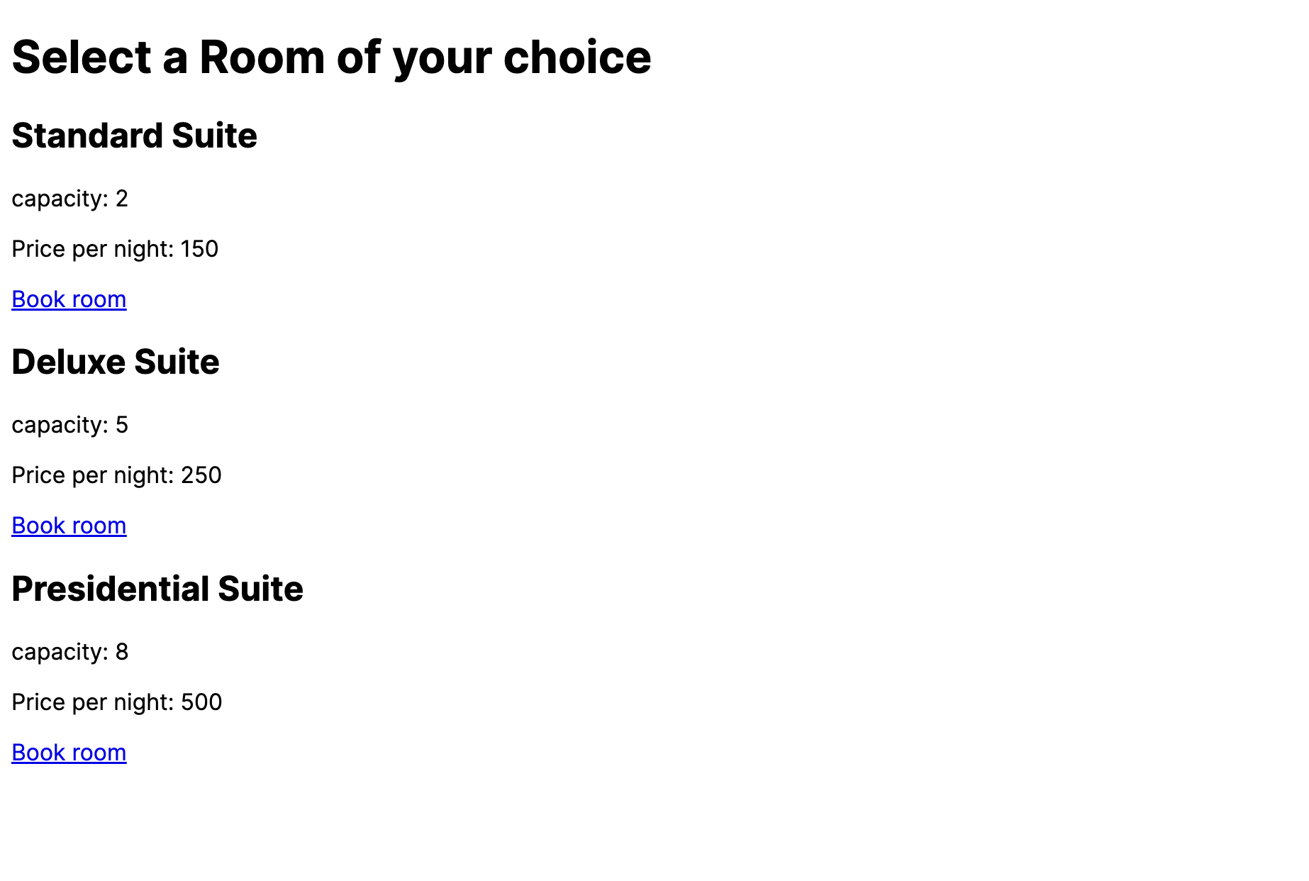 Screenshot of available rooms by room types page in Next.js when booking a room