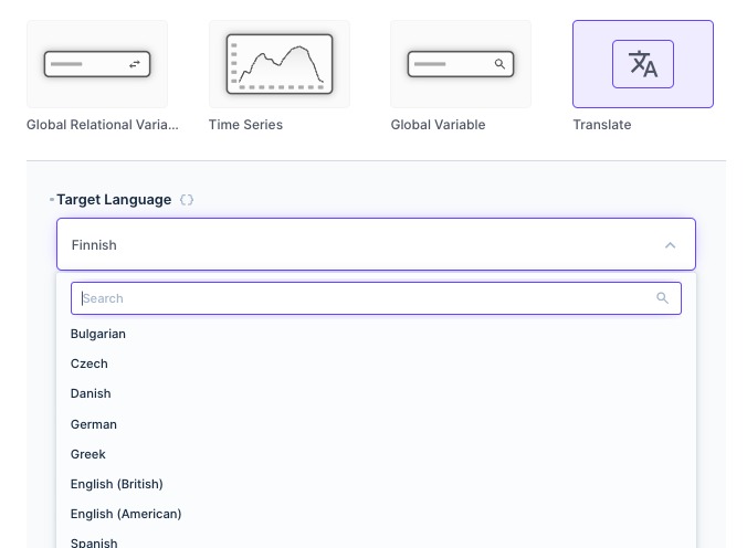 Translate panel options show a target language dropdown with a number of spoken languages.