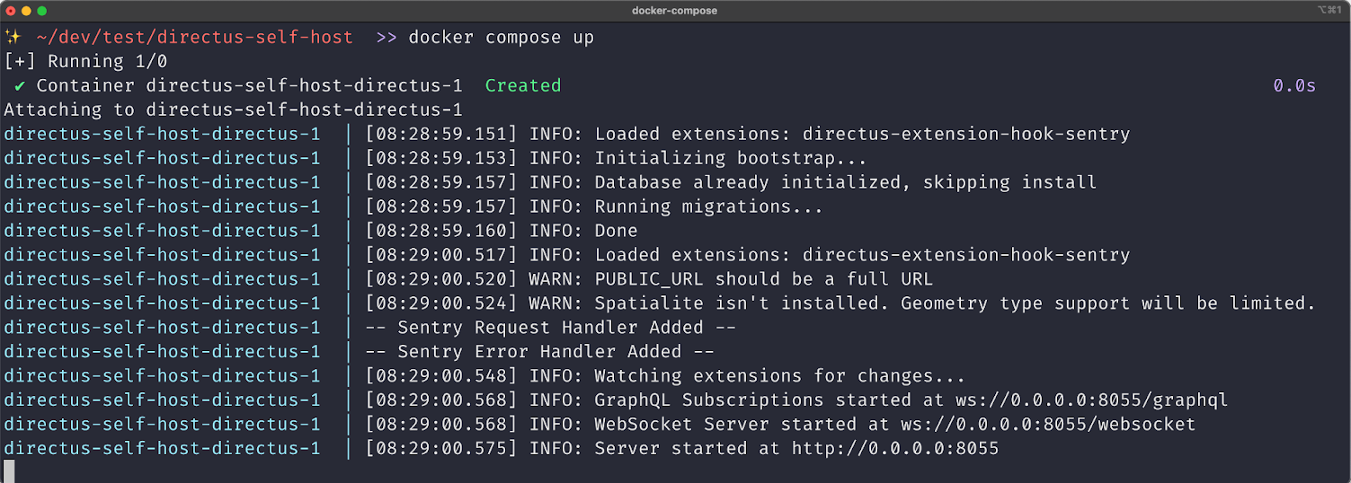 A terminal showing the command docker compose up. Several info logs are shown, and two logs read 'sentry request handler added' and 'sentry error handler added'