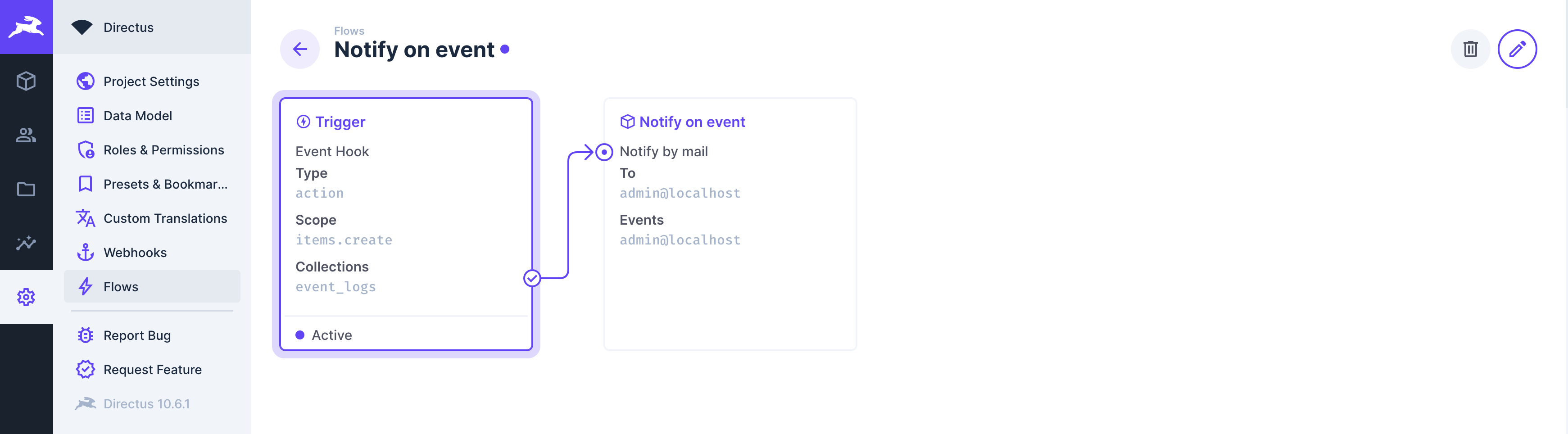 A Flow that listens on the create event_logs hook and sends out an email if an event with one of the given names was created