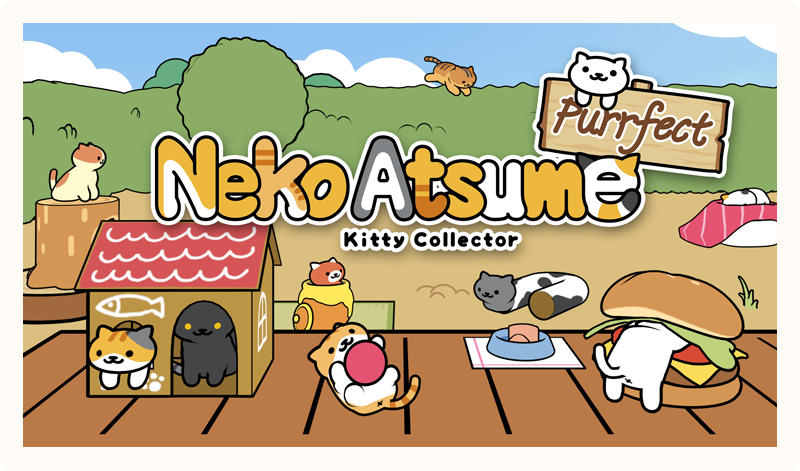 Neo Astume Kitty Collector. A set of cute cats are playing on some decking.