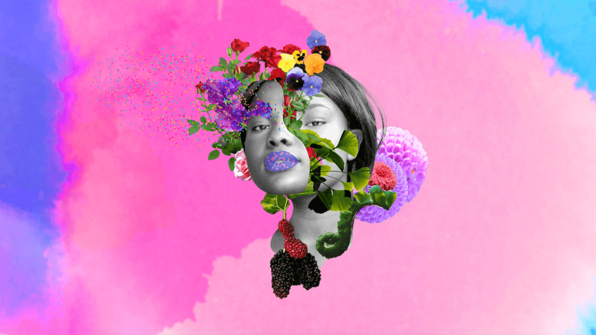 An image of a woman with flowers on her face.