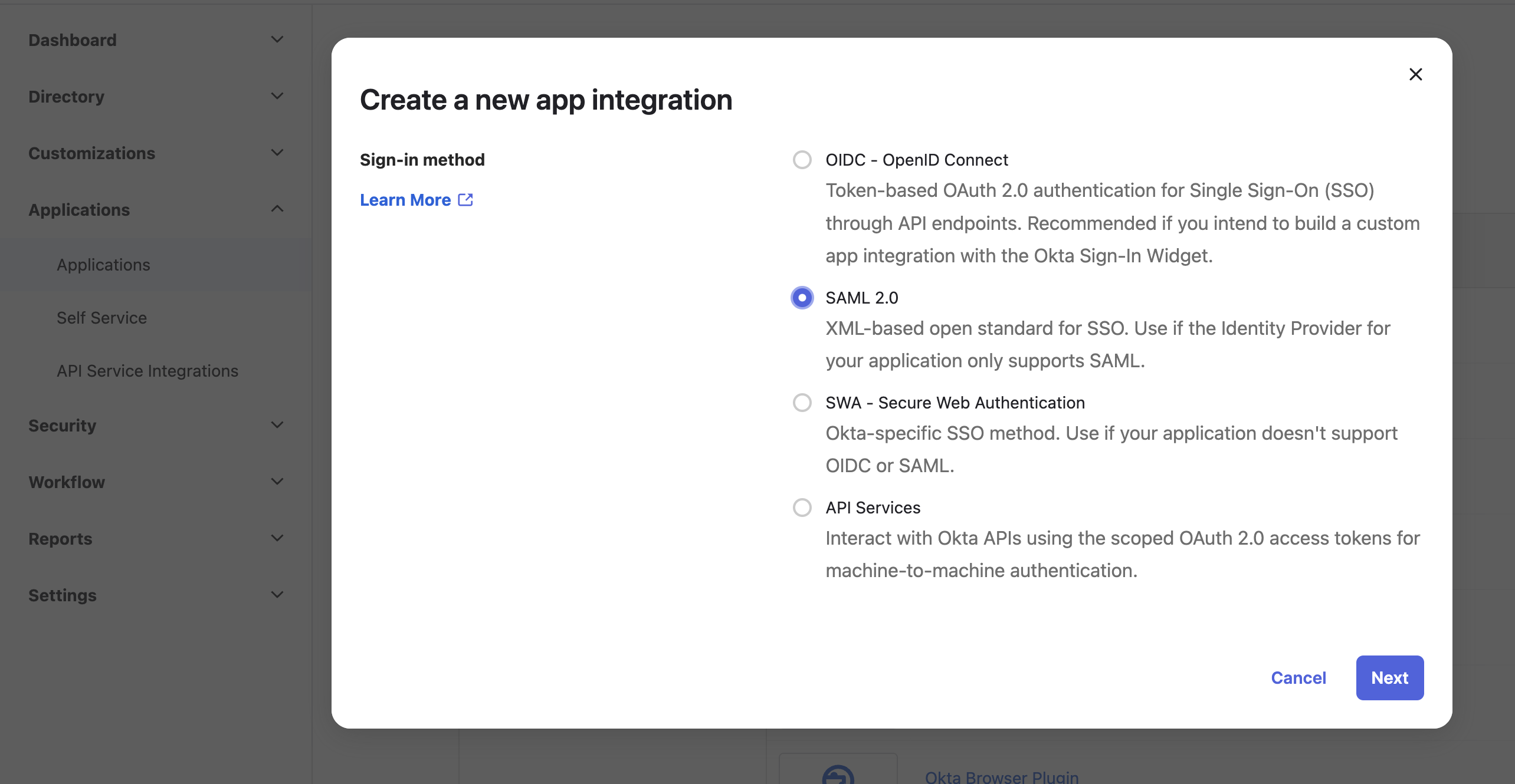 Selecting a sign-in method - SAML 2.0