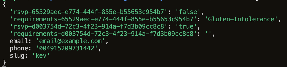 A terminal shows a logged object with 7 properties. 2 of them start rsvp and then a UUID. 2 of them start requirements and end with the same UUIDs.
