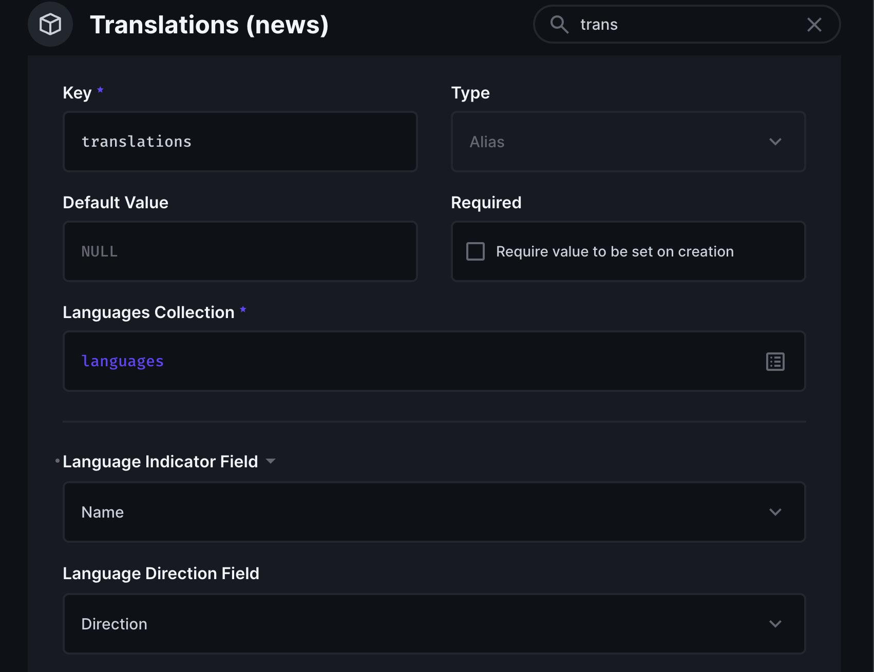 Creating Directus translations collection