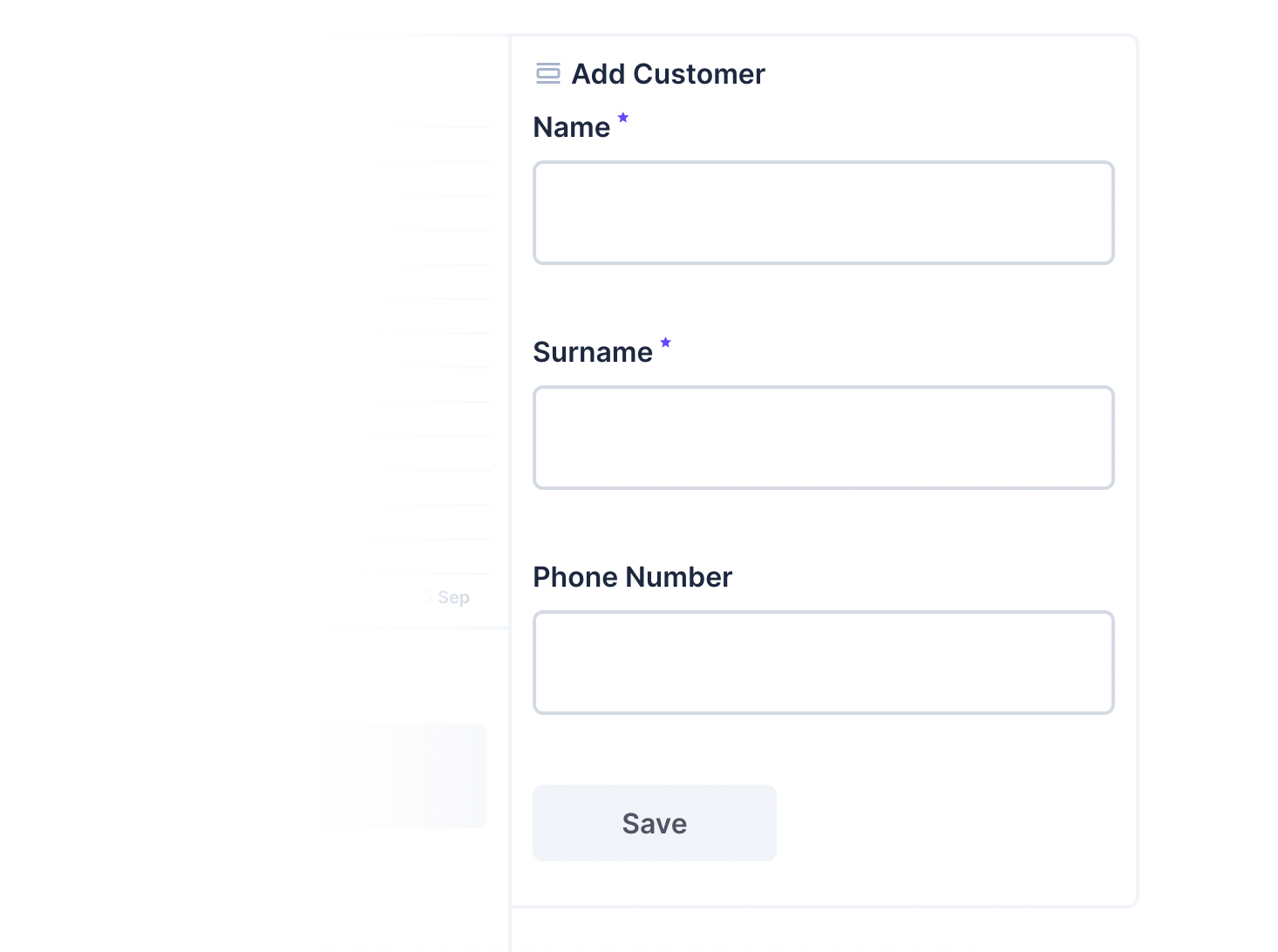 A panel shows a form called Add Customer. It has a name, surname, and phone number text input.