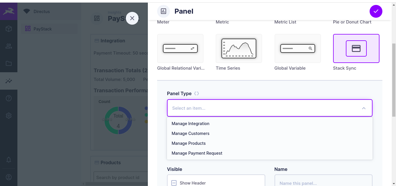Options showing a dropdown for panel type: manage integration, customers, products, or payment request.