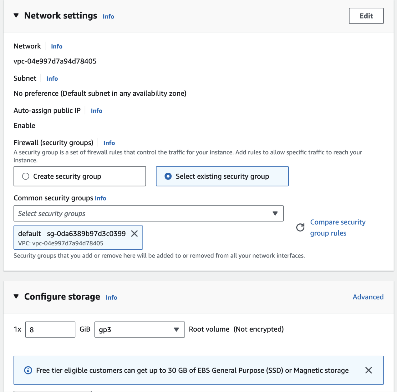 An AWS EC2 creation page with options to configure the Network settings