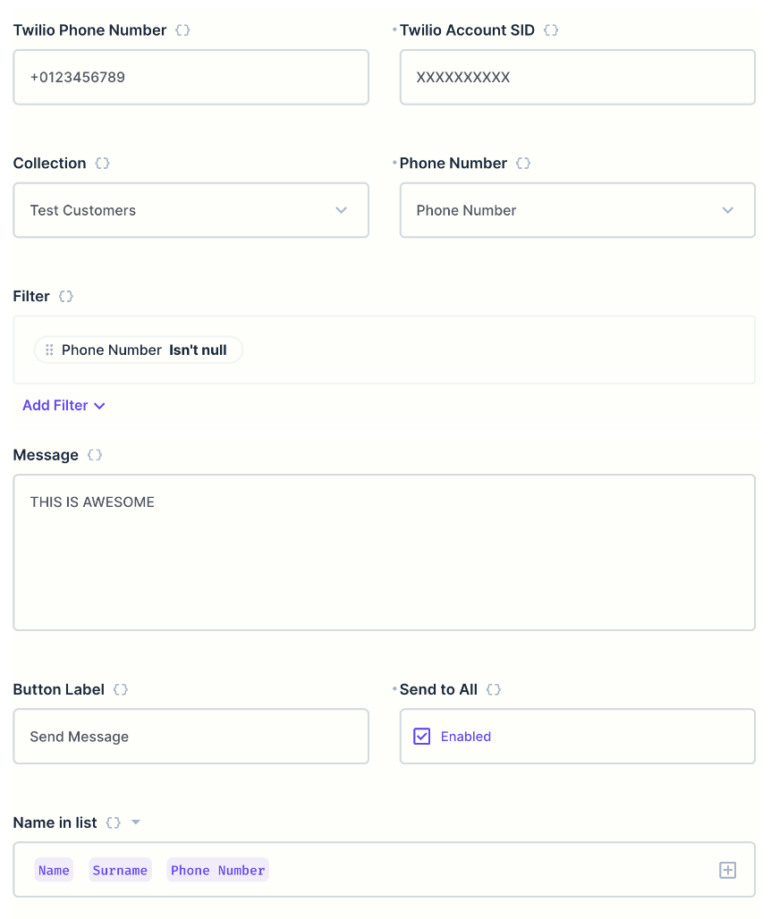 A long form showing Twilio credential fields, collection and field selection, a filter, message, button information, an optional Send to All checkbox, and a display template.