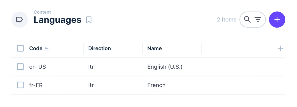 The table layout for the Languages collection is shown. There are two items displayed. One for English and one for French.