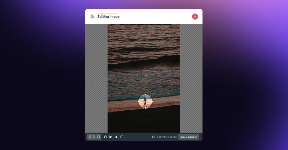 Screenshot showing image editor with a round highlight on a person near the bottom of the image.