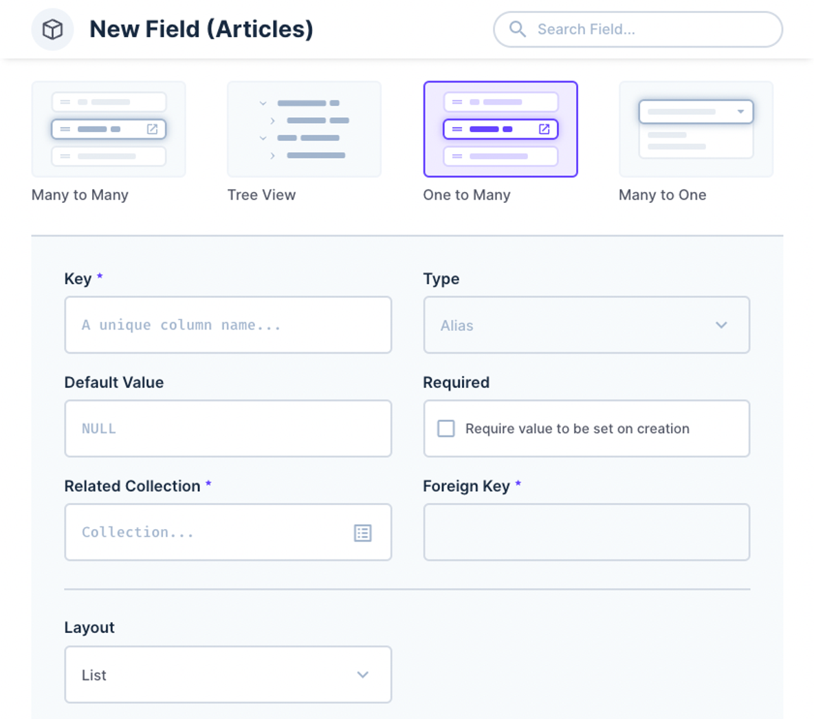 A screenshot of the new field settings page.