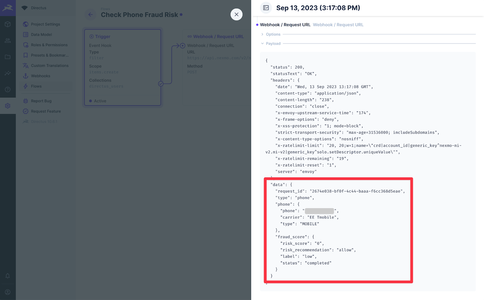 Sidebar open with the Webhook / Request URL Payload expanded. A large object is shown with a data object containing a fraud_score object.
