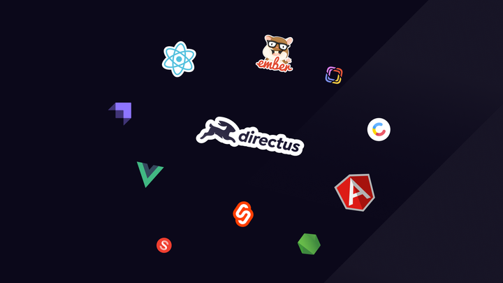 A group of different frontend framework logos circled around the Directus logo on a black background. Logos include Ember.js, React, Svelte, Vue.js, Angular, Contentful, Prismic, Strapi, and Node.