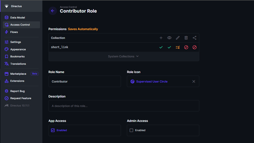 Contributor Permissions - create and read short link are enabled. Edit is custom.