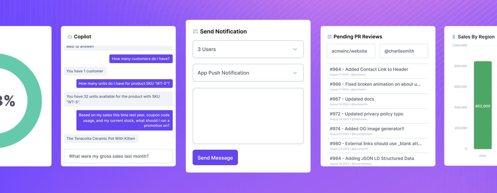 An array of panels showing examples which send app push notifications, a chat-like copilot interface, and pending PR reviews