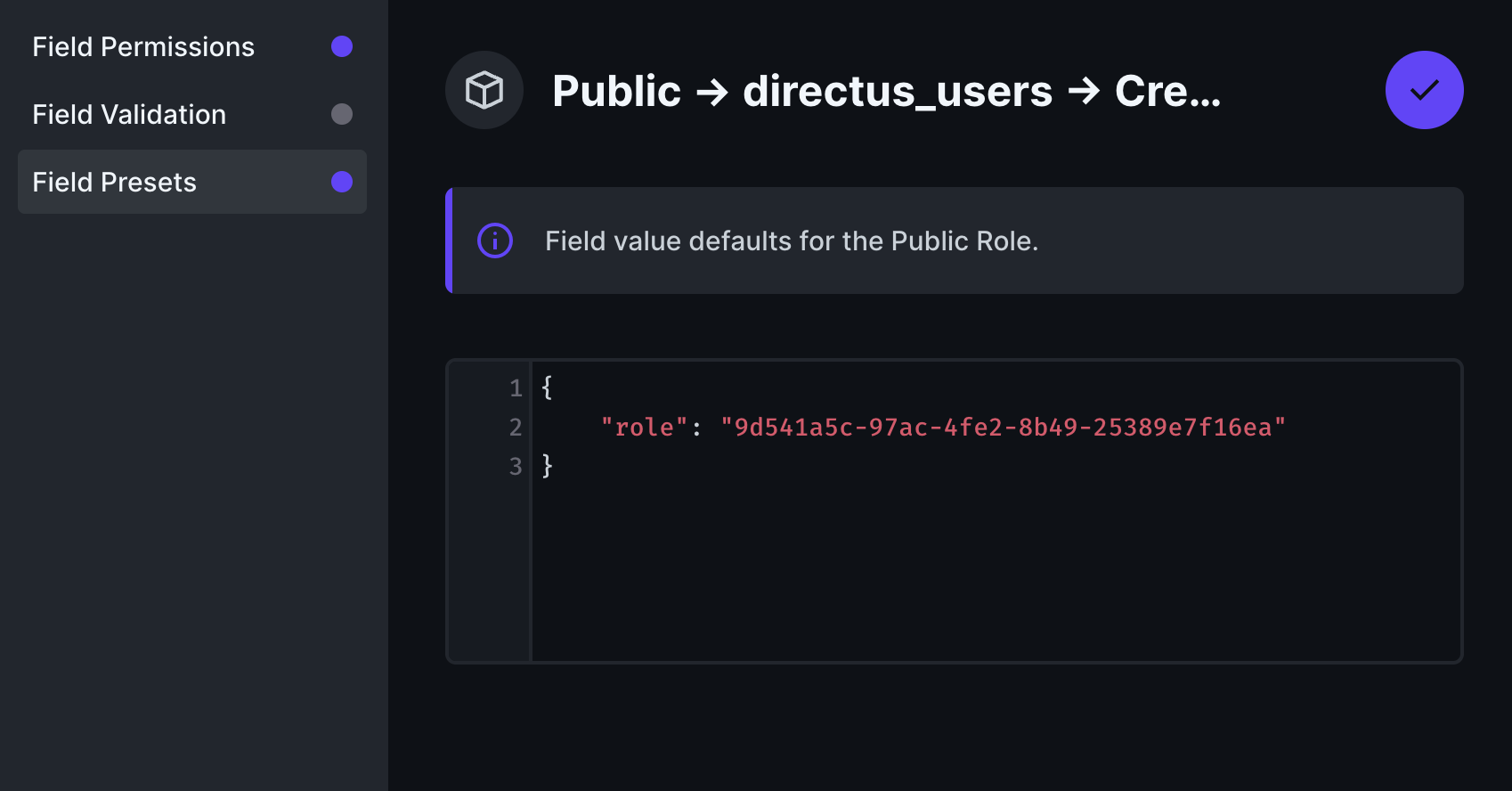 Public role directus_users create field presets set the role to the a unique ID