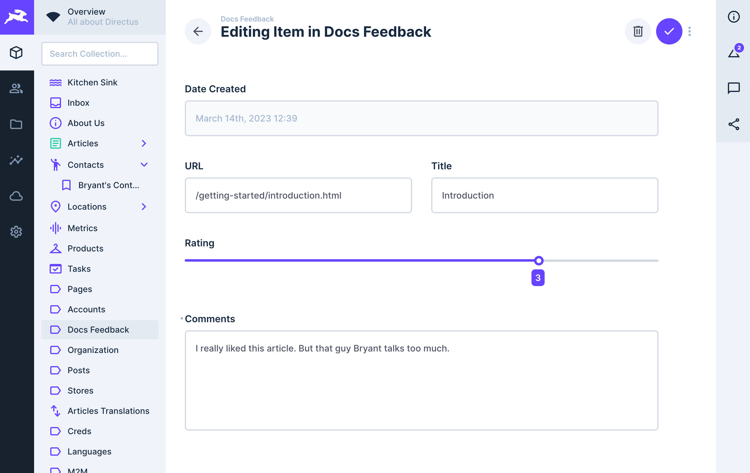 A Directus detail page for the an item in docs_feedback collection