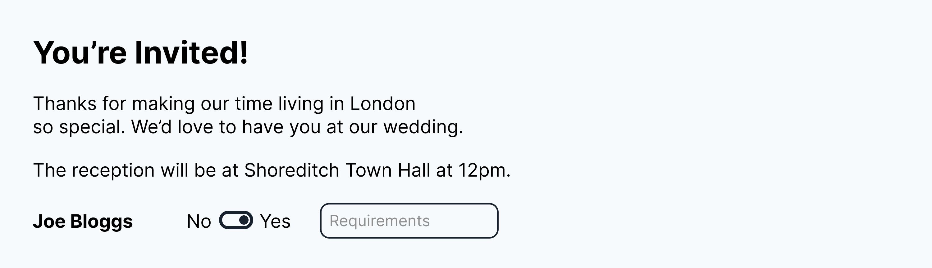 A mockup showing a basic invite with one guest, no ceremony or +1 information or form