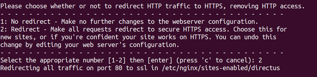 HTTP to HTTPS redirect with certbot. The terminal shows an interactive prompt providing options to either redirect or not redirect.