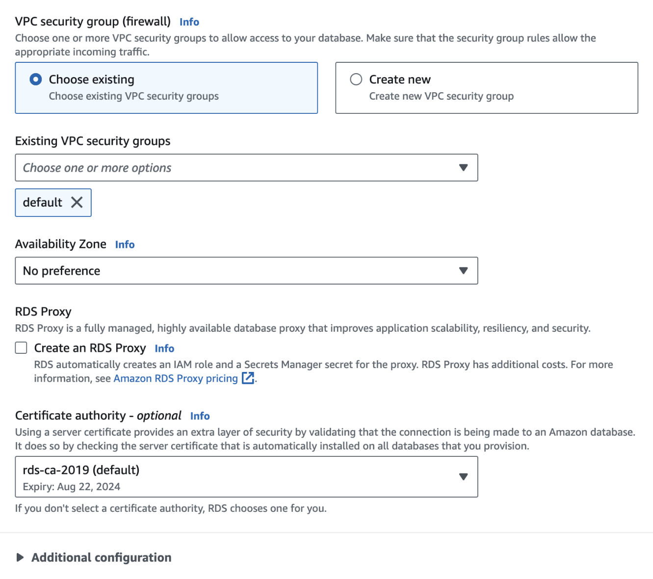 An AWS EC2 creation page with options to configure the VPC security group
