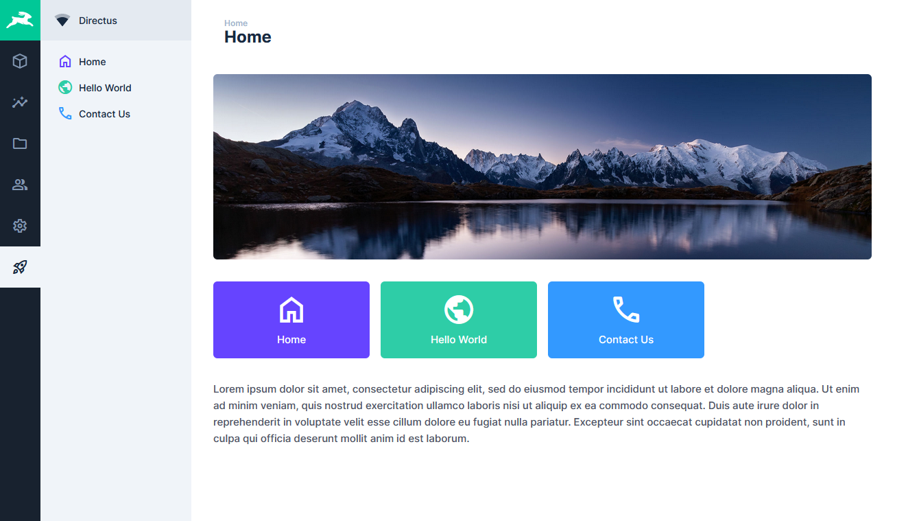 A custom module has three items in the navigation - Home, Hello World, and Contact Us. The homepage displays an image, three navigation tiles, and some copy.