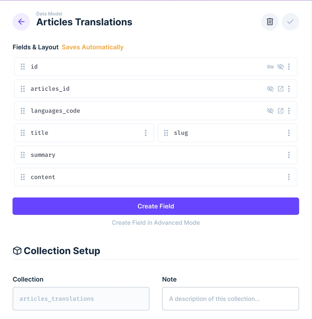 Data Model settings screen for the Articles Translations collection is displayed. The following fields are shown: id, articles_id, languages_code, title, slug, summary, content.
