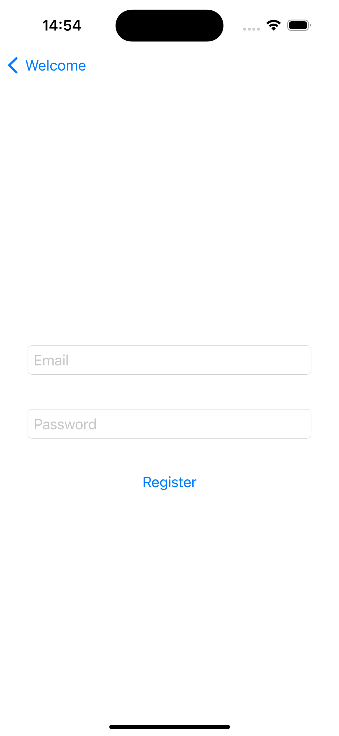 The app shows an email and password field and register button