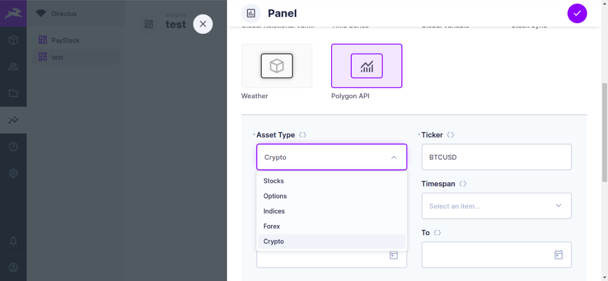 Polygon API Panel settings showing a dropdown of asset types including stocks, forex, and crypto. Options also include ticker and timespan.