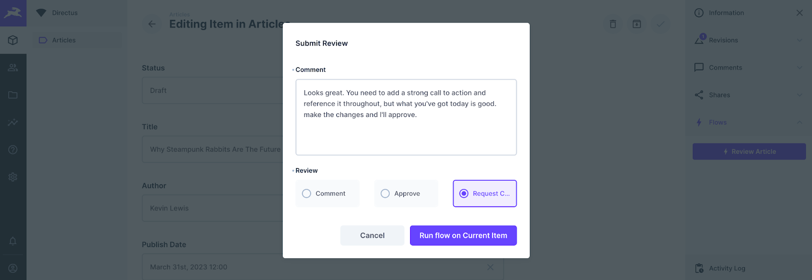A dialog reads Submit review. There is a large text box for a comment and a set of radio buttons reading 'comment', 'approve', and 'request changes'.